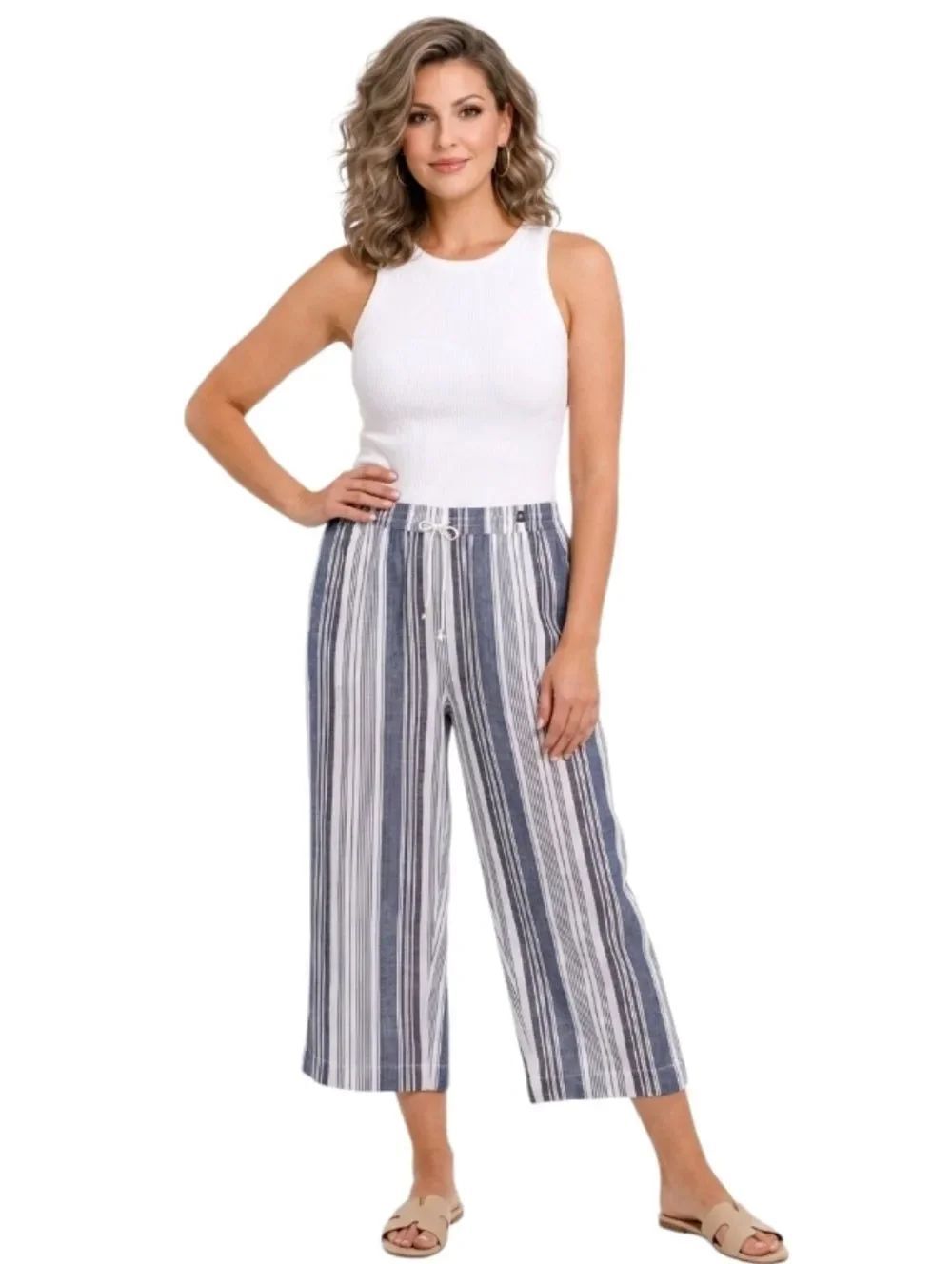 beachlunchlounge Margot Blue & White Striped Linen Wide Leg Crop Pants Size XXL